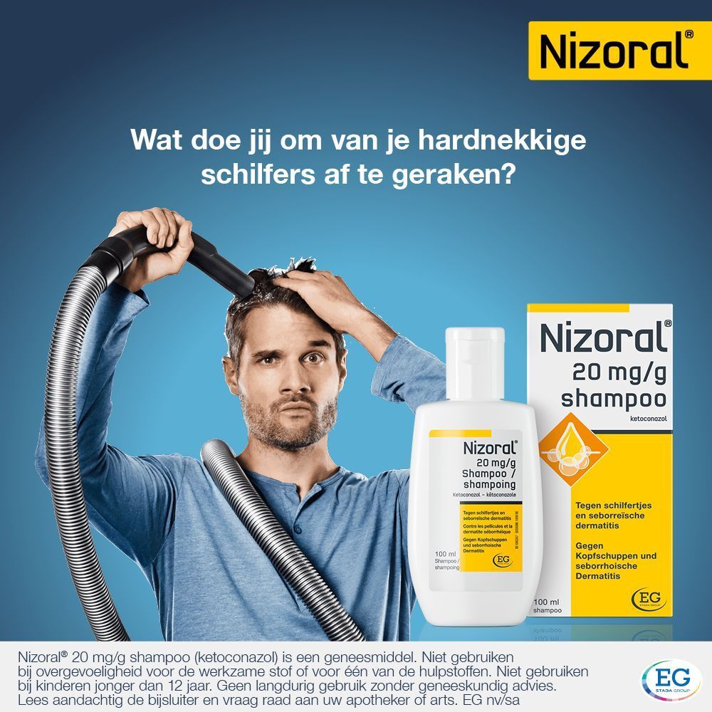 Doos Nizoral shampoo. Tekst: 20 mg/g shampoo, tegen roos en seborroïsche dermatitis.