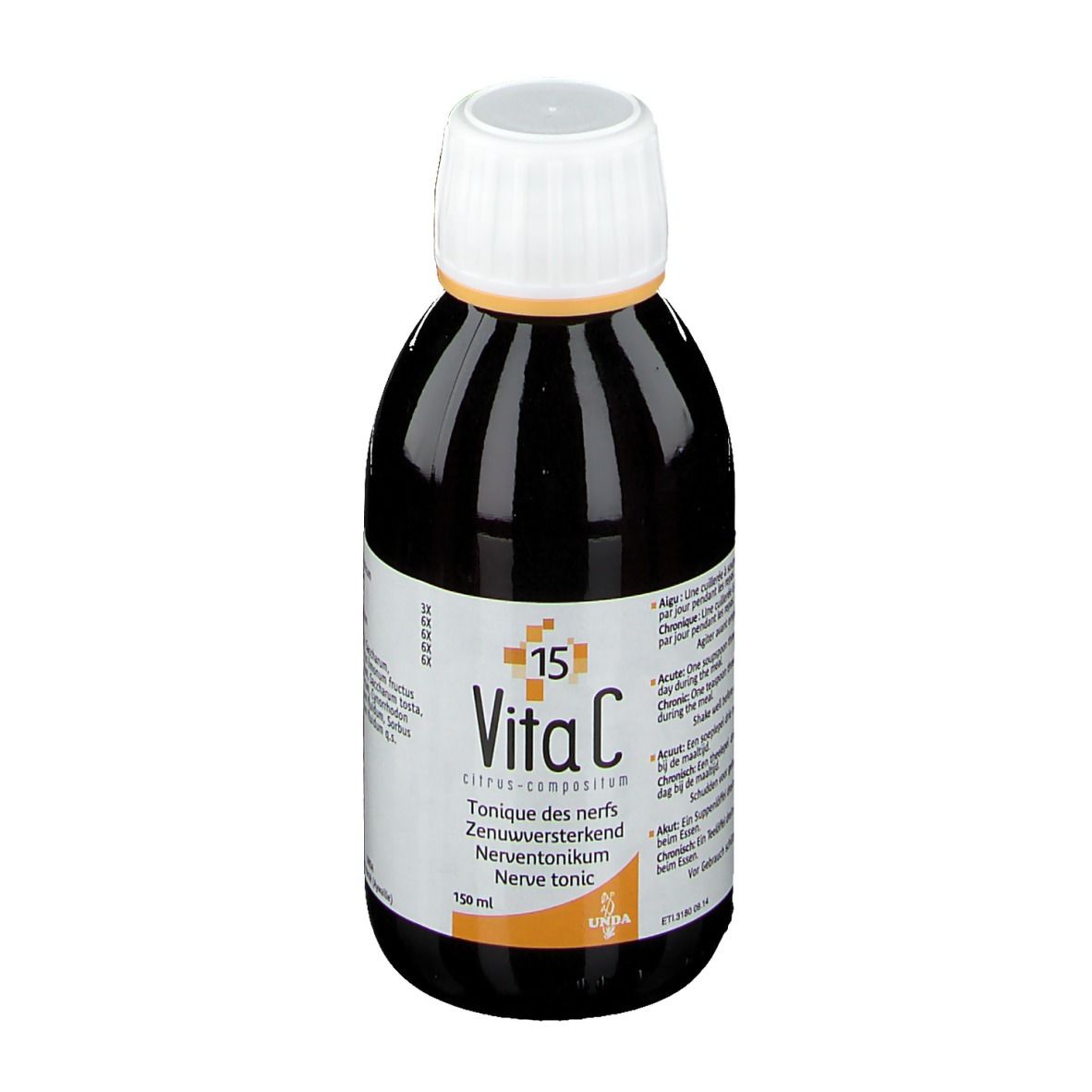Liquide brun en flacon avec bouchon blanc. Inscription: Vita C, citrus-compositum, 15, Nerve tonic. 150 ml.