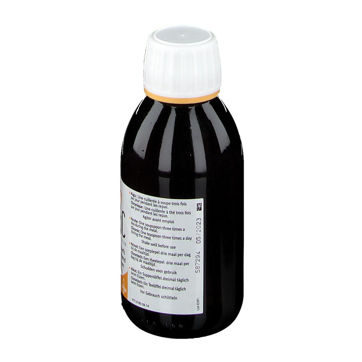 Dos d'une bouteille de liquide brun avec bouchon blanc. Inscription avec ingrédients et date de péremption.