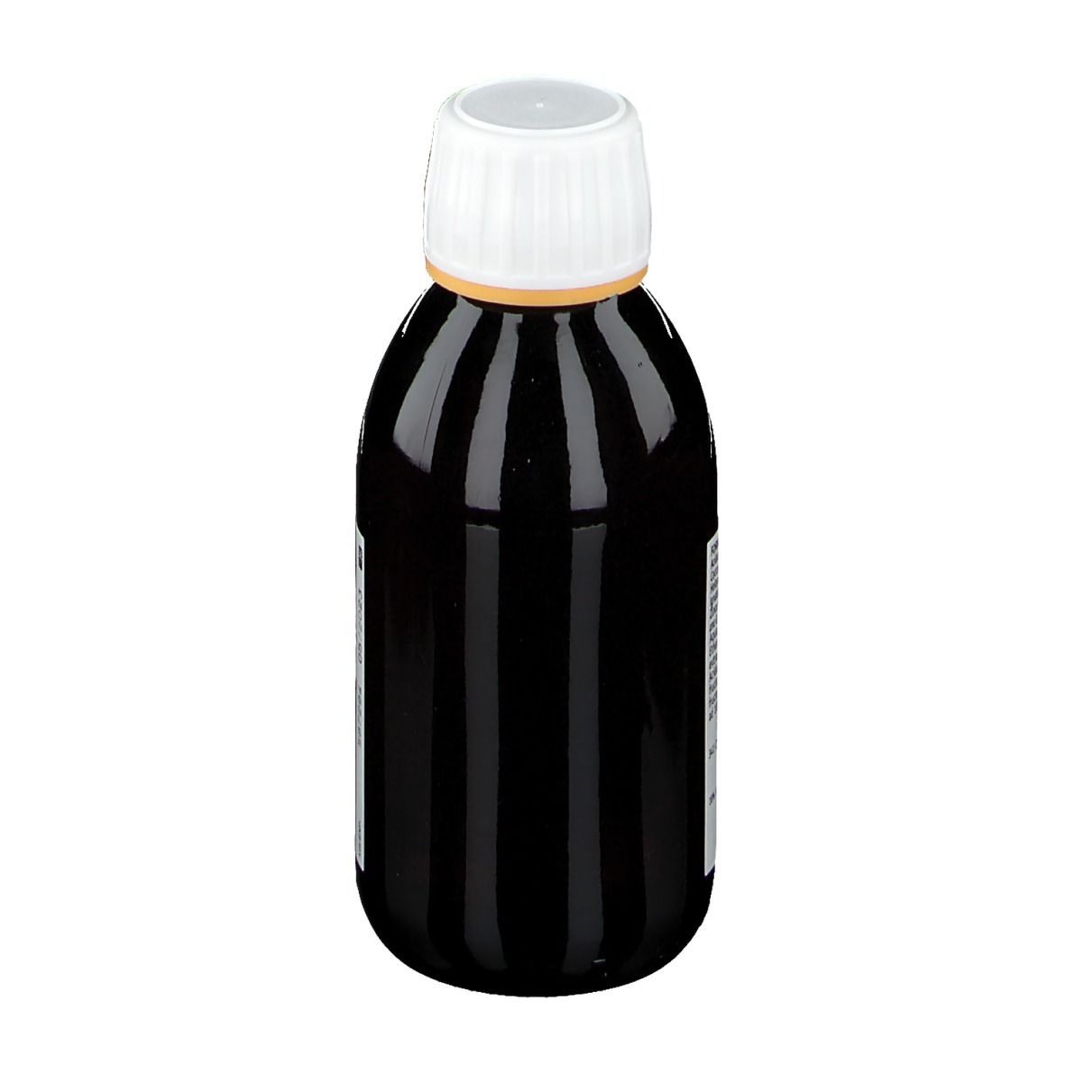 Liquide brun en flacon avec bouchon blanc. Aucune autre inscription visible.