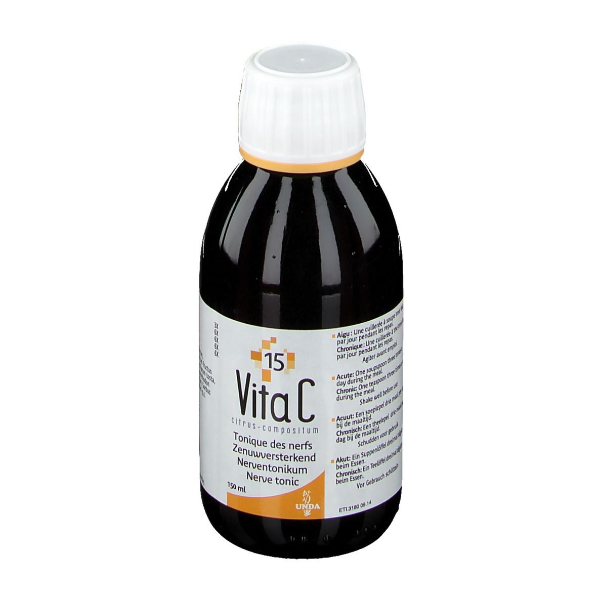 Liquide brun en flacon avec bouchon blanc. Inscription: Vita C, citrus-compositum, 15, Nerve tonic. 150 ml.