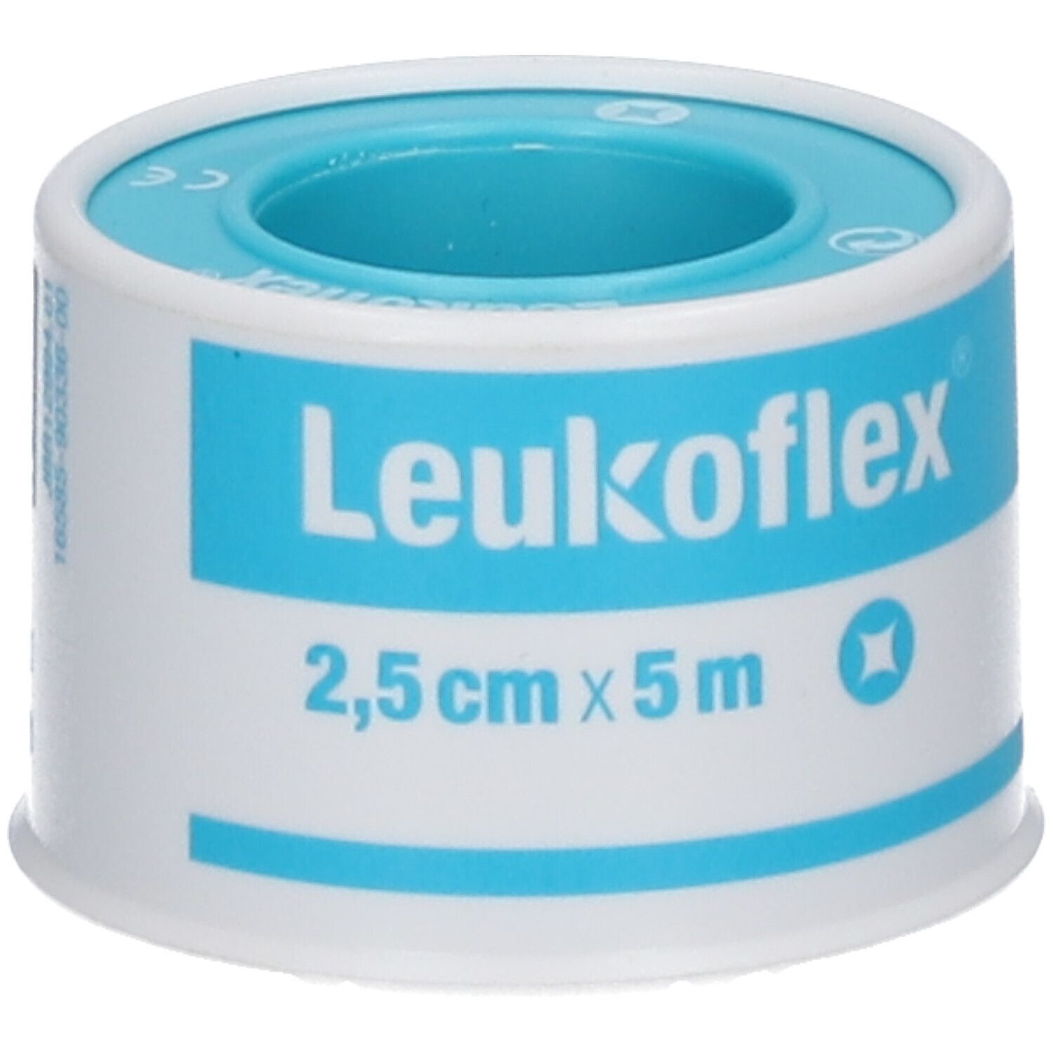 Leukoflex® tape rol, 2,5 cm x 5 m, met blauwe kern en blauwe strepen.