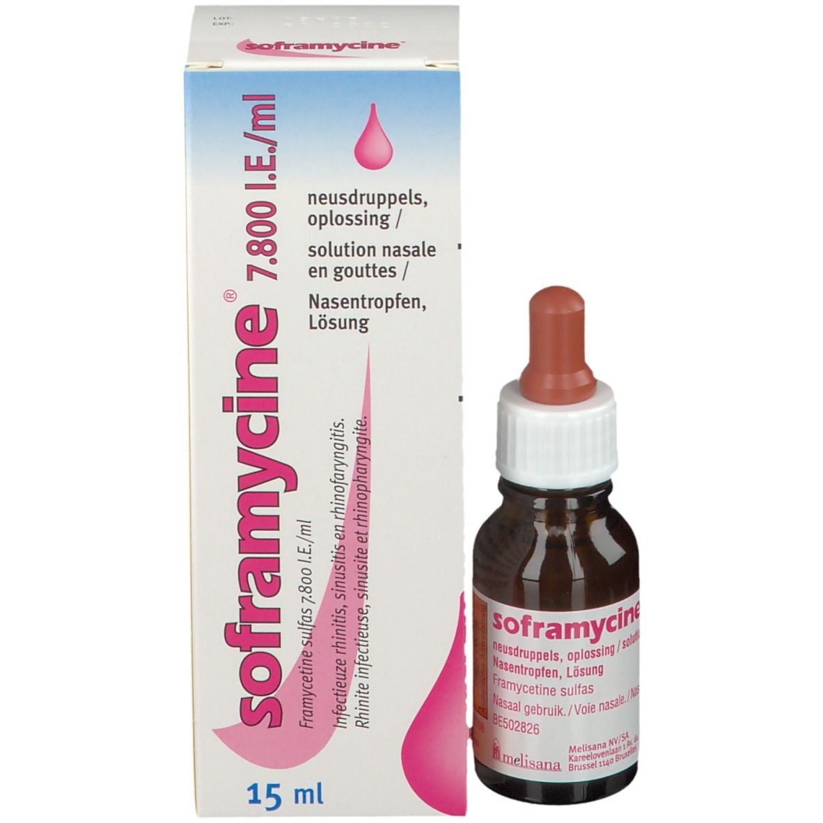 Verpakking en fles. Verpakking met productnaam, dosering en volume. Neusdruppels.