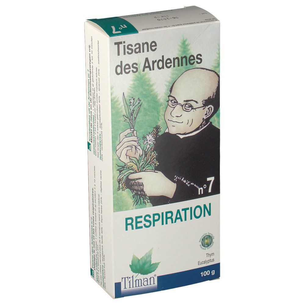 Verpakking Arden-Tee Nr. 7 Ademhaling. Opschrift: Kruidenthee uit de Ardennen, Nr. 7, Ademhaling, Tilman-logo, 100 g.