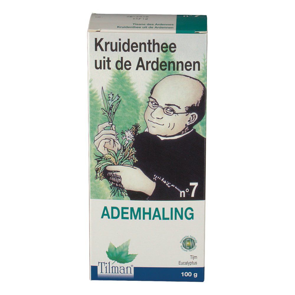 Verpakking Arden-Tee Nr. 7 Ademhaling. Opschrift: Kruidenthee uit de Ardennen, Nr. 7, Ademhaling, Tilman-logo, 100 g.