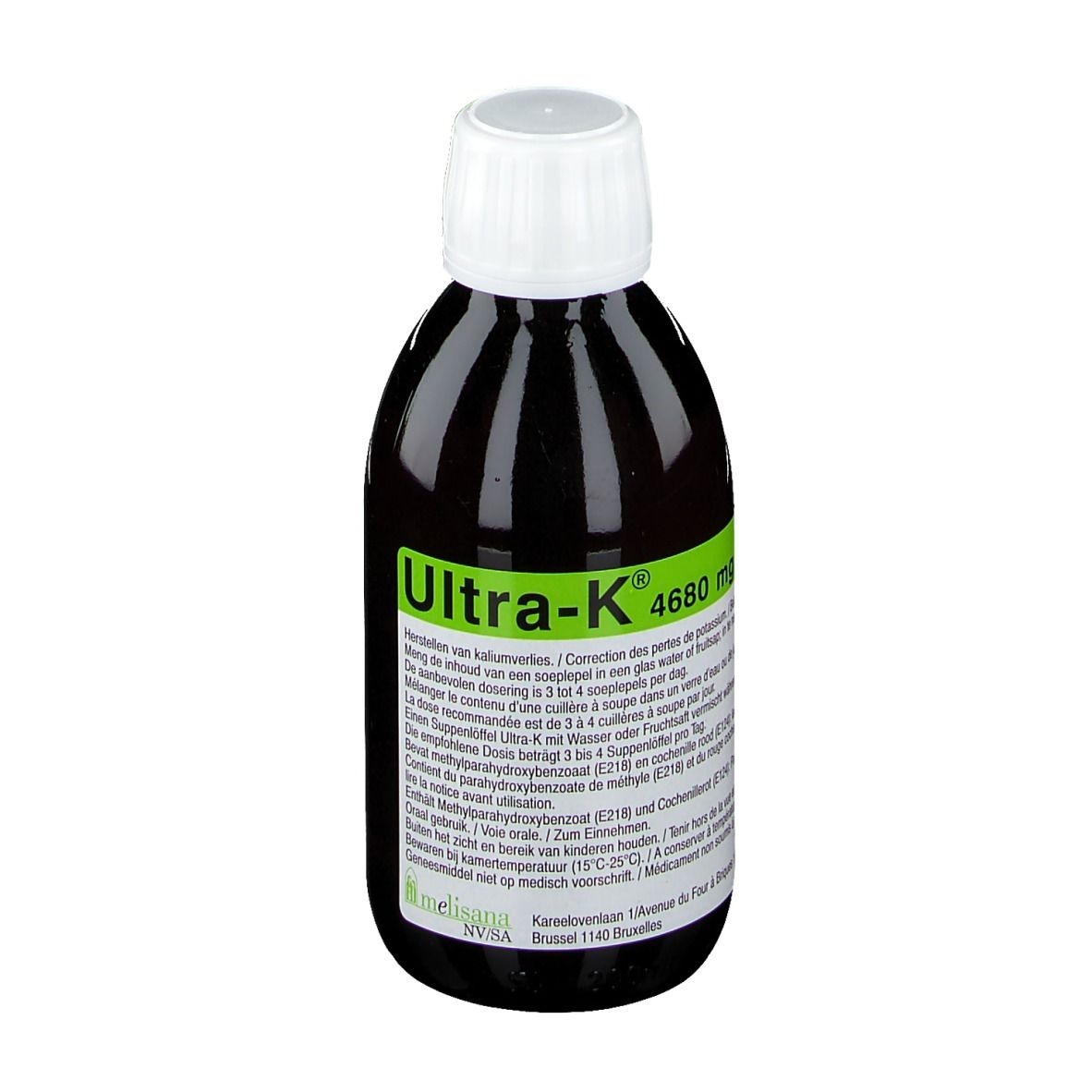 Flacon de liquide brun avec bouchon blanc. Inscription: Ultra-K 4680 mg. Étiquettes vertes avec texte.