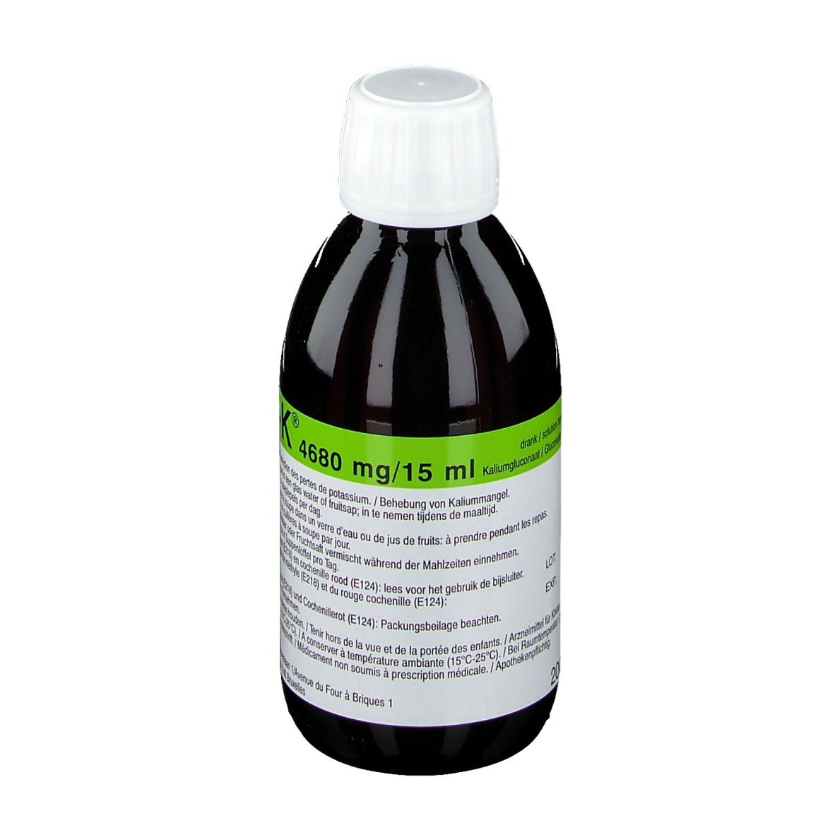 Liquide brun en bouteille avec bouchon blanc. Inscription: Ultra-K 4680 mg/15 ml. Étiquettes vertes.