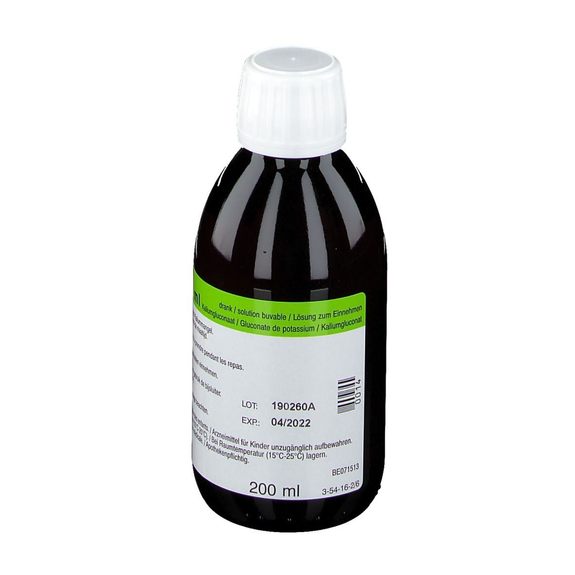 Liquide brun en bouteille avec bouchon blanc. Inscription: 200 ml. Étiquette avec texte et code-barres.