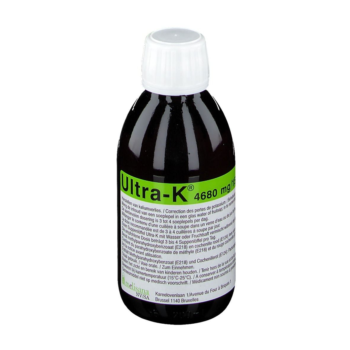 Liquide brun en bouteille avec bouchon blanc. Inscription: Ultra-K 4680 mg/15 ml. Étiquettes vertes.