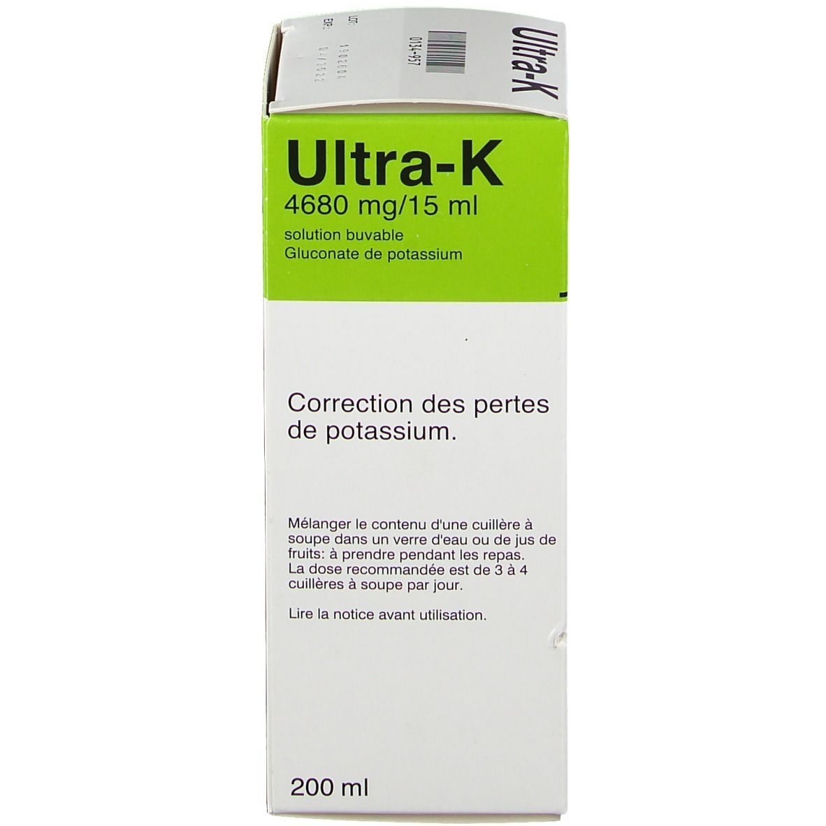 Boîte. Vert et blanc, texte: Ultra-K 4680 mg/15 ml. Inscription: Correction des pertes de potassium. 200 ml.