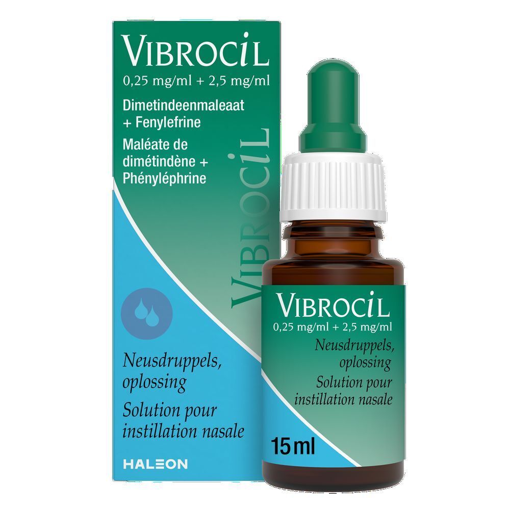 Flacon et boîte Vibrocil. Inscription : 0,25 mg/ml + 2,5 mg/ml. Neusdruppels, oplossing. 15 ml. Bouchon vert.