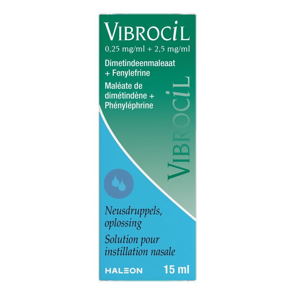 Flesje en doosje Vibrocil. Opschrift: 0,25 mg/ml + 2,5 mg/ml. Neusdruppels, oplossing. 15 ml. Groene dop.