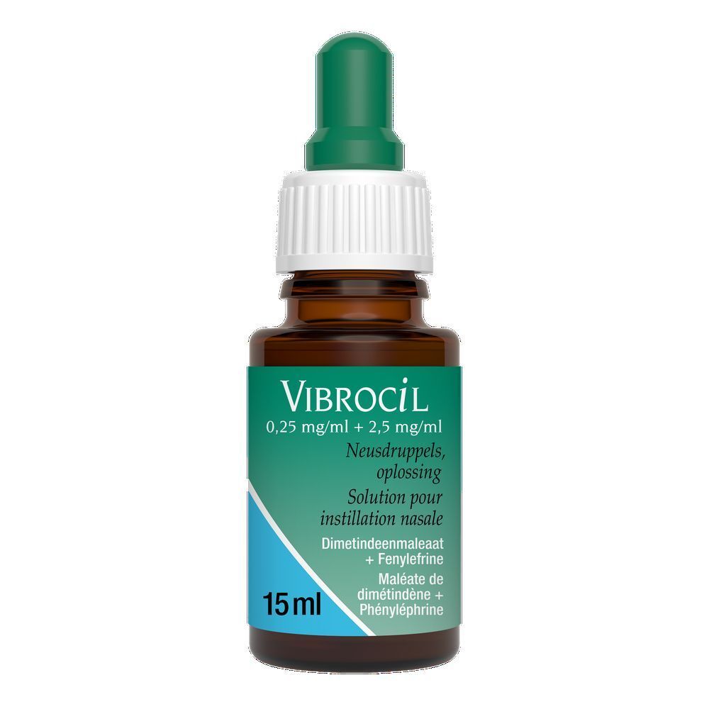 Flesje Vibrocil. Opschrift: 0,25 mg/ml + 2,5 mg/ml. Neusdruppels, oplossing. 15 ml. Groene dop.