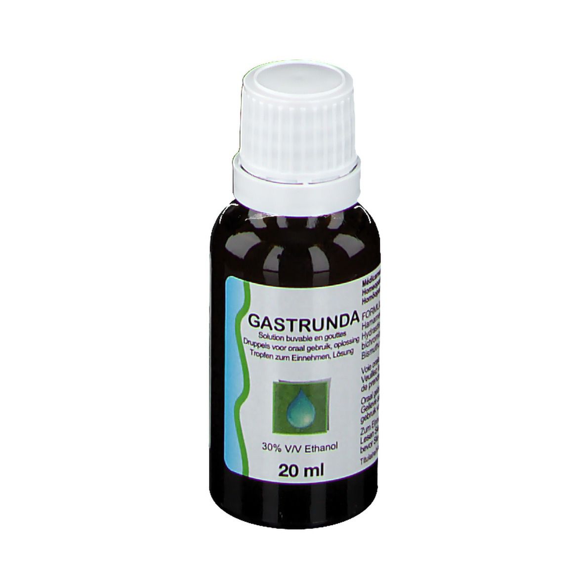 Bruine vloeistof in een druppelfles met witte dop. Opschrift: GASTUNDA, 20 ml, 30% V/V Ethanol.