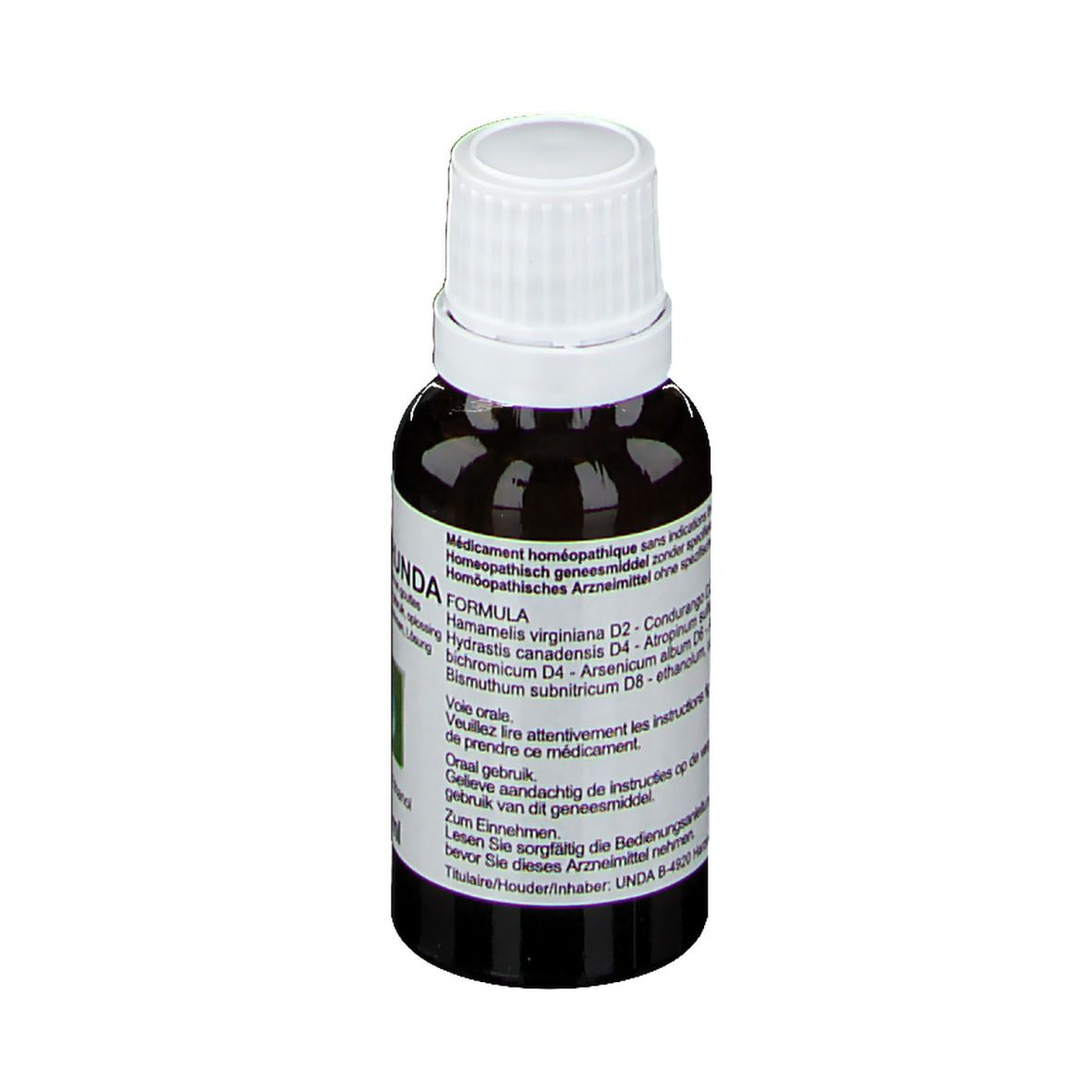 Druppelfles met bruine vloeistof. Opschrift: UNDA FORMULA. Bevat ingrediënten zoals Hamamelis virginiana D2.