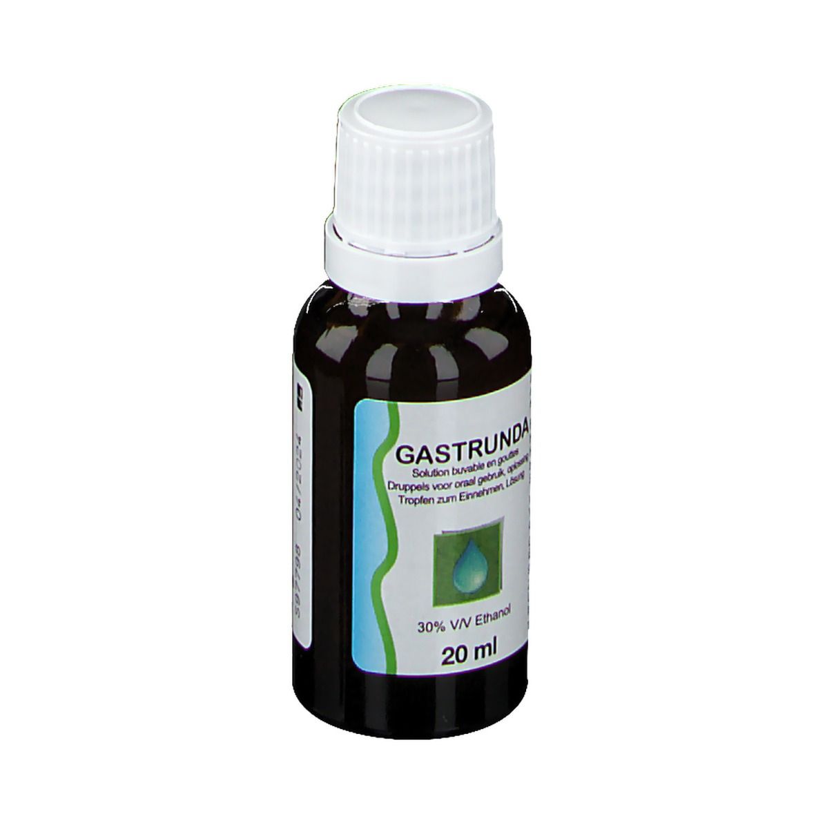 Druppelfles met bruine vloeistof. Opschrift: GASTUNDA, 20 ml, 30% V/V Ethanol. Groen etiket met druppelsymbool.