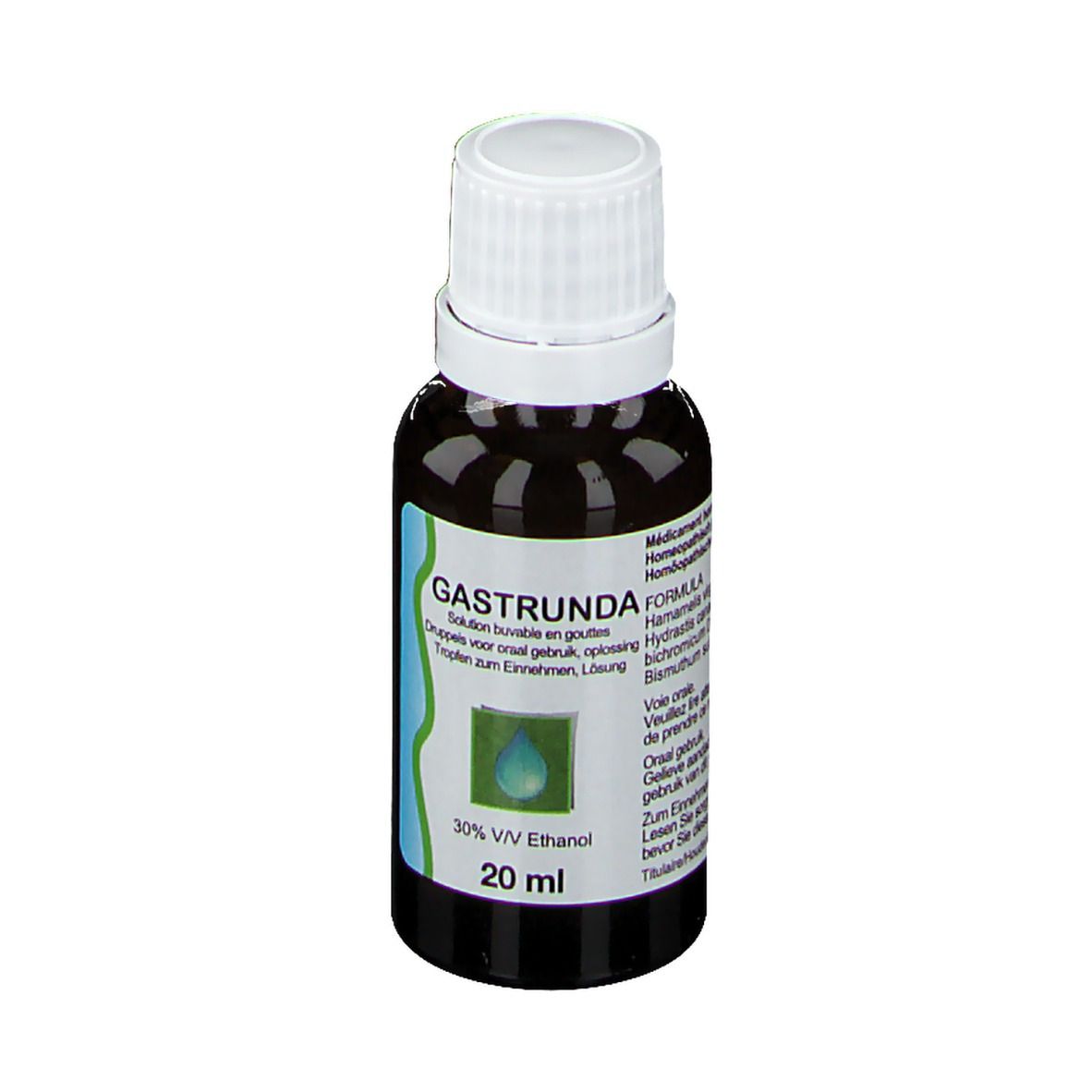 Druppelfles met bruine vloeistof. Opschrift: GASTUNDA, 20 ml, 30% V/V Ethanol. Groen etiket.