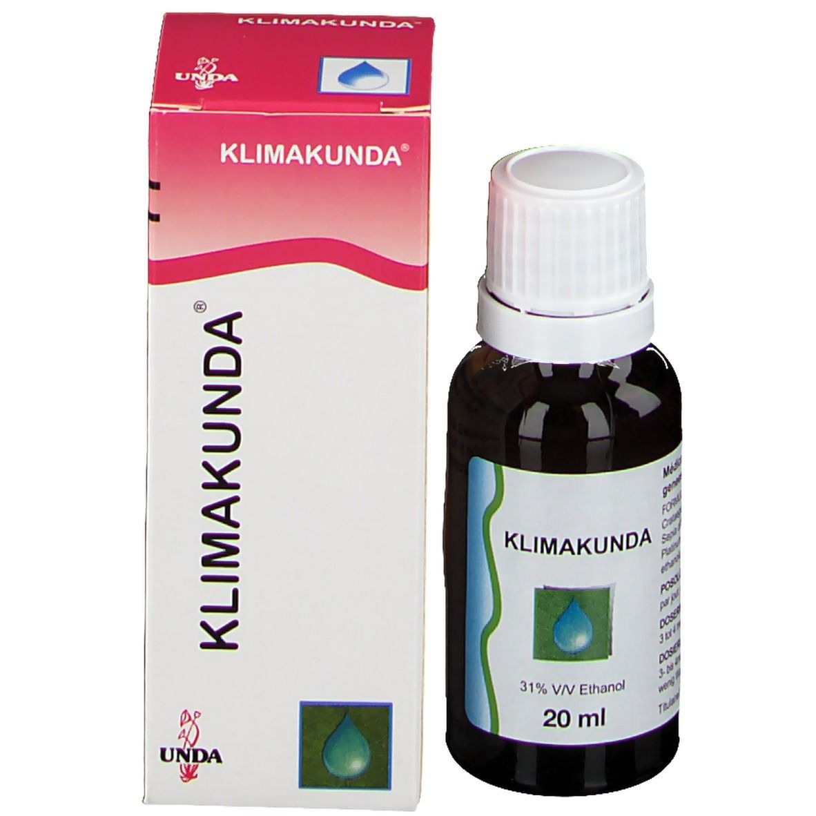 Flacon en verre brun et emballage. Emballage avec texte Klimakunda. Flacon avec étiquette.