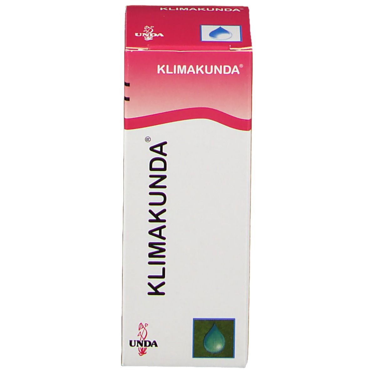 Emballage avec texte Klimakunda. Emballage rouge et blanc. Logo UNDA et symbole de goutte.