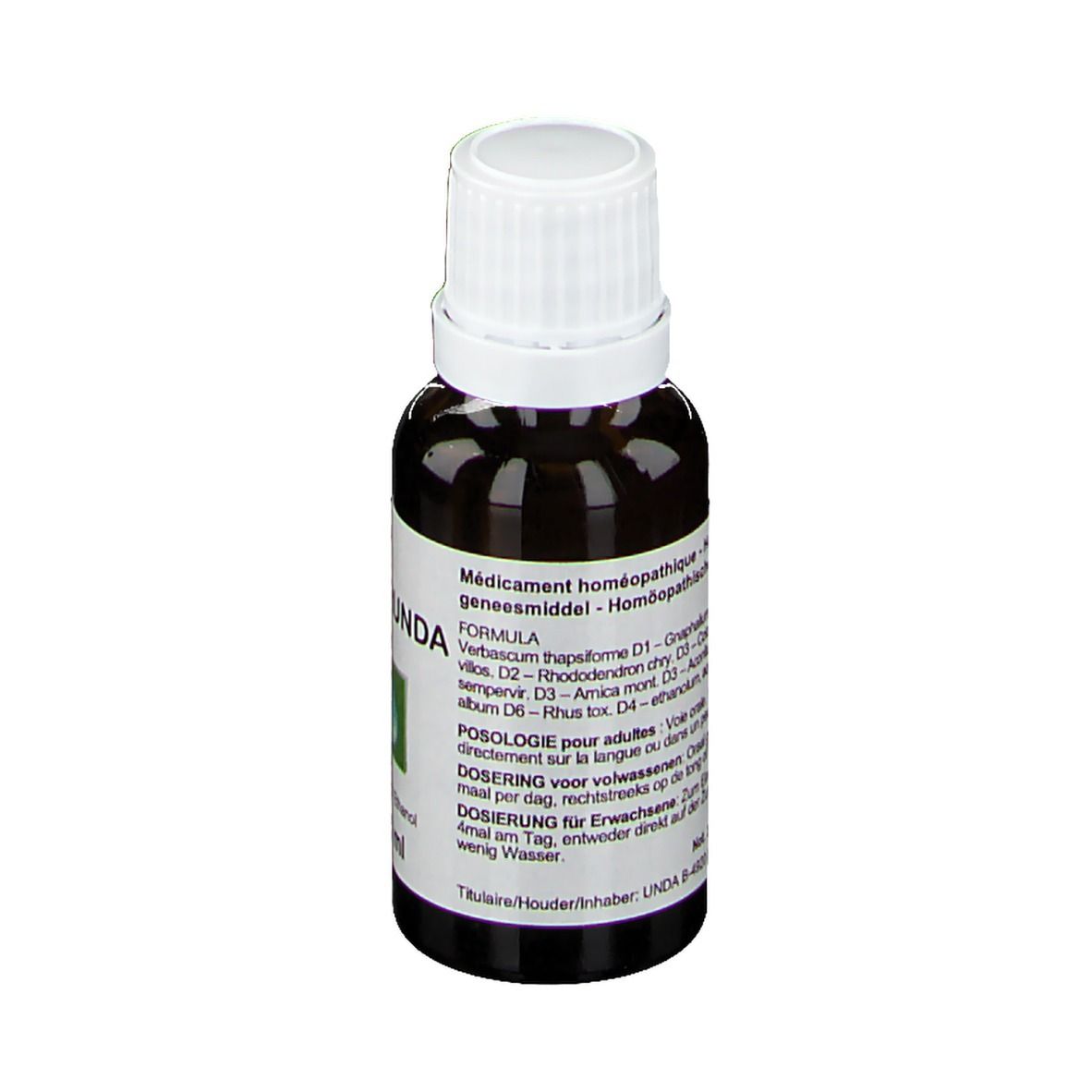 Flacon en verre brun avec bouchon blanc. Étiquette avec texte, dont "NEURUNDA" et ingrédients. Médicament homéopathique.