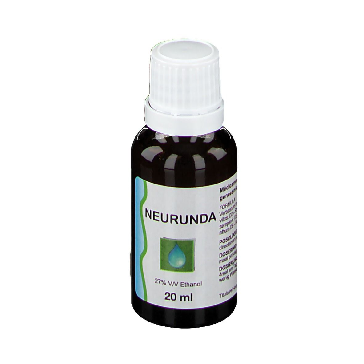 Flacon en verre brun avec bouchon blanc. Étiquette "NEURUNDA", symbole goutte, "27% V/V Ethanol", et "20 ml".