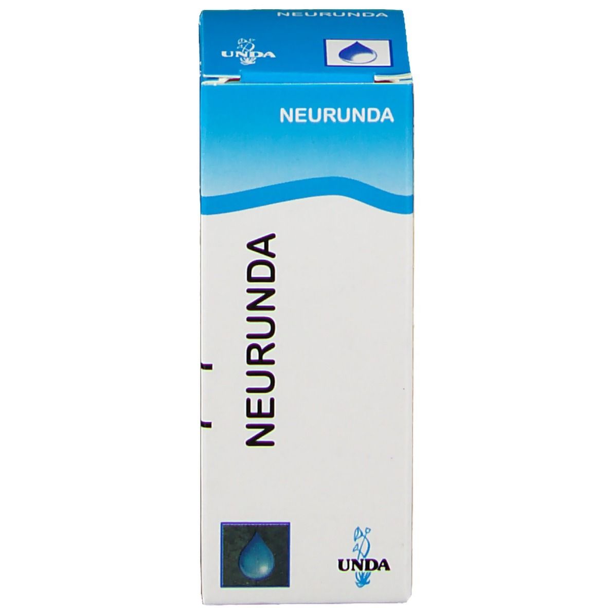 Emballage du produit avec texte "NEURUNDA" et symbole goutte. Couleurs bleu et blanc. Marque UNDA.