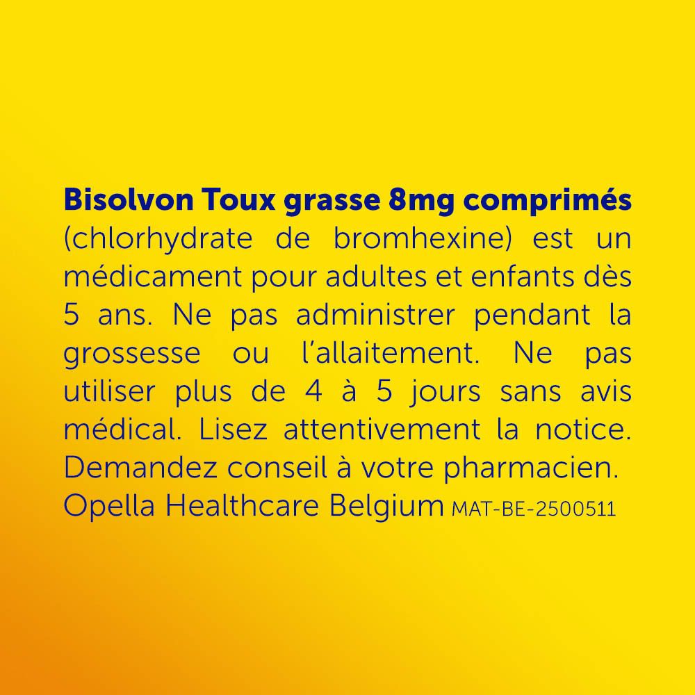 Boîte de Bisolvon Toux grasse comprimés. Comprimés en plaquettes. Jaune et blanc.