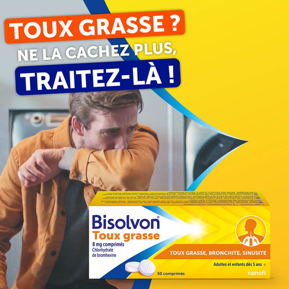 Publicité avec un homme qui tousse. Bisolvon Toux grasse comprimés. Jaune et blanc.