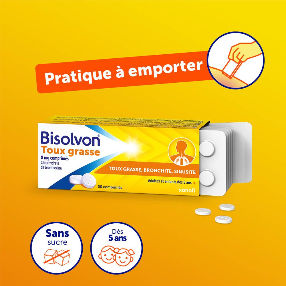 Boîte de Bisolvon Toux grasse comprimés. Comprimés en plaquettes. Jaune et blanc.