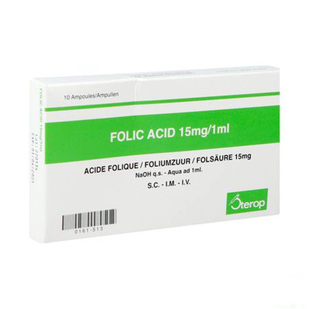 Doosje Folic Acid 15mg/1ml. Groen-witte verpakking met productnaam en logo. Bevat 10 ampullen. Streepjescode.