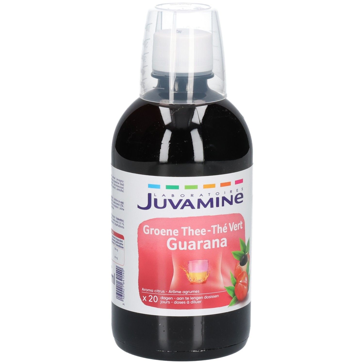 Juvamine Thé Vert Guarana: Donkere vloeistof in fles met maatbeker. Etiket toont groene thee en guarana.