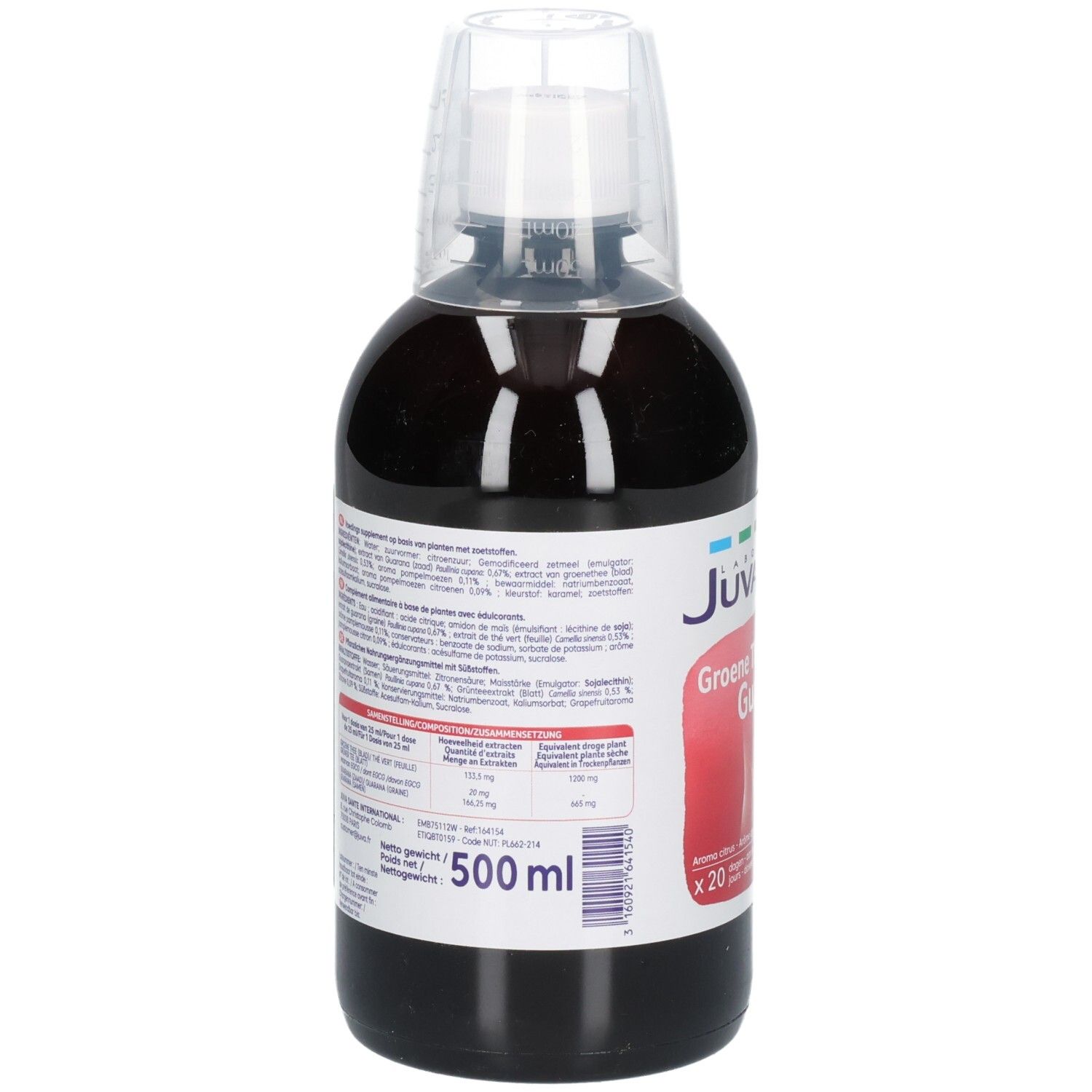 Juvamine Thé Vert Guarana: Achterkant van de fles met voedingswaarde-informatie en vermelding 500 ml. Donkere vloeistof.