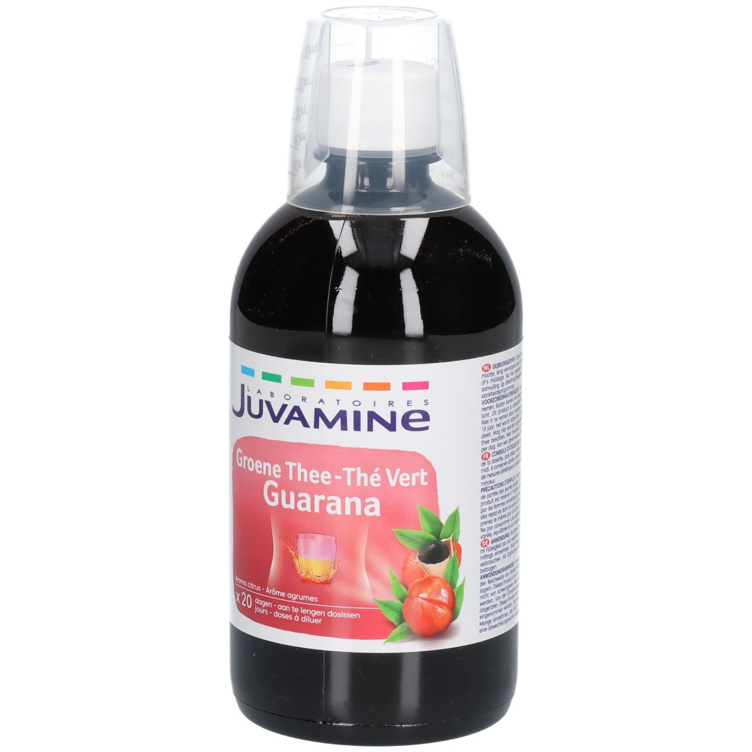 Juvamine Thé Vert Guarana: Fles met maatbeker. Etiket toont groene thee, guarana en gestileerde figuur.