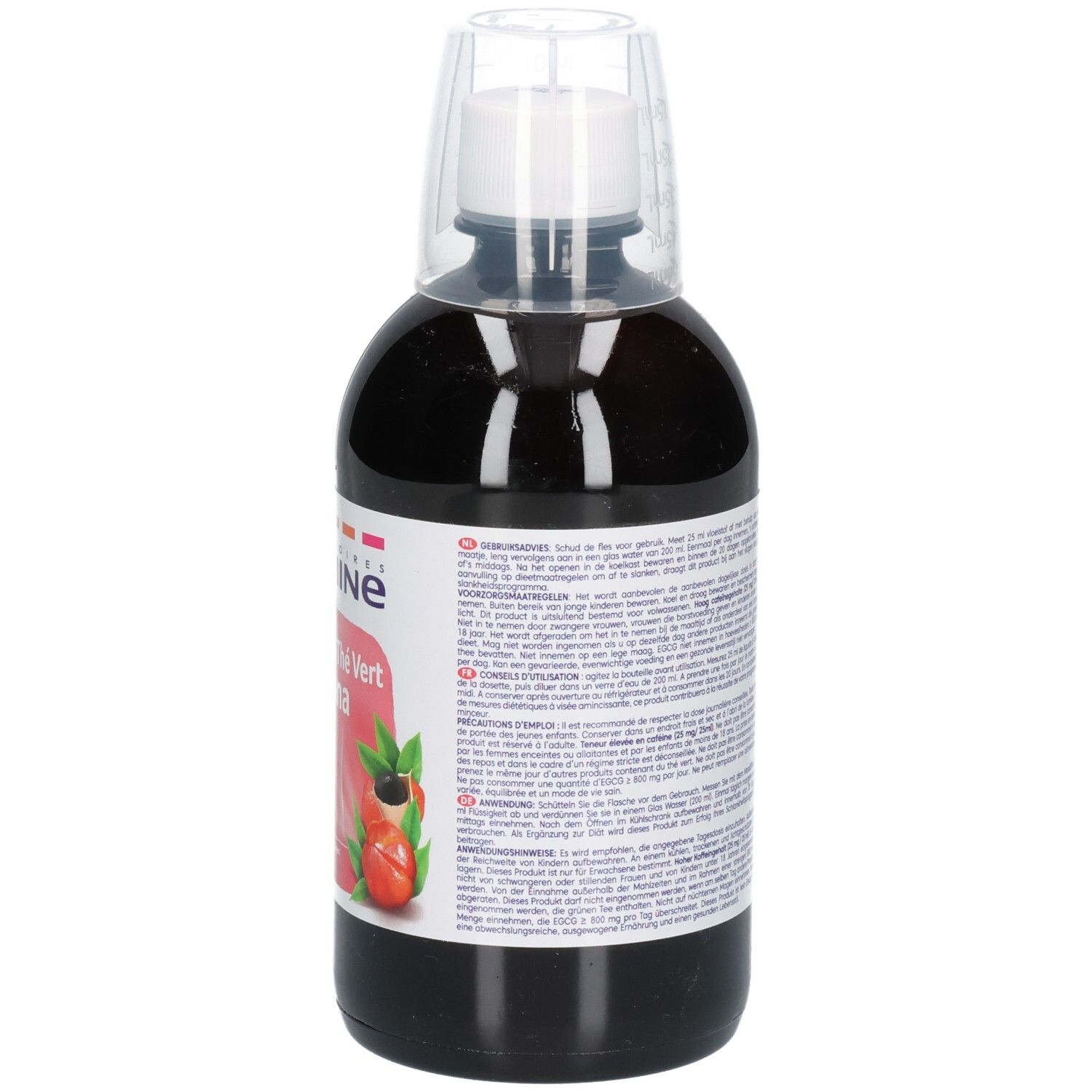 Juvamine Thé Vert Guarana: Achterkant van de fles met gedetailleerde gebruiksaanwijzingen en ingrediënten.