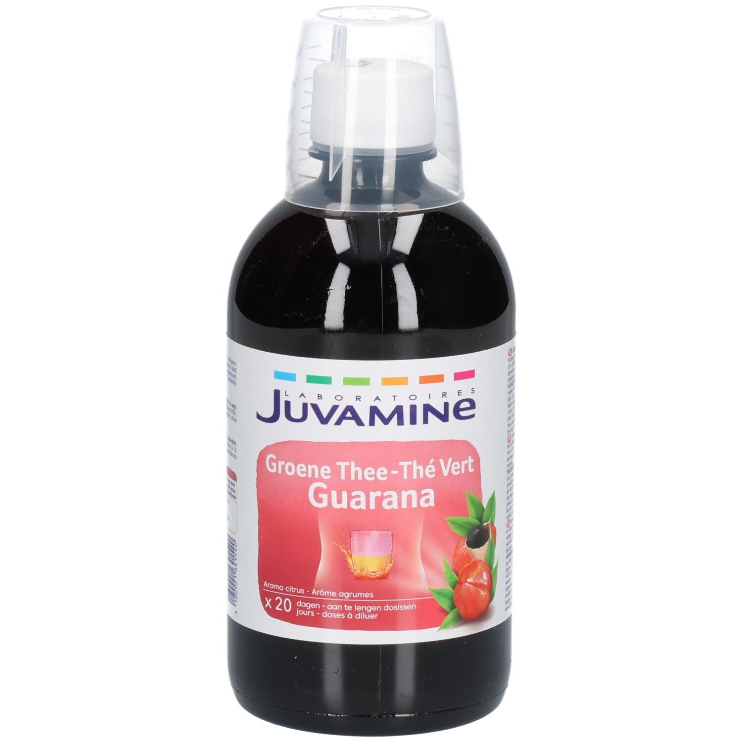 Juvamine Thé Vert Guarana: Fles met maatbeker. Etiket met productnaam en afbeelding van fruit.