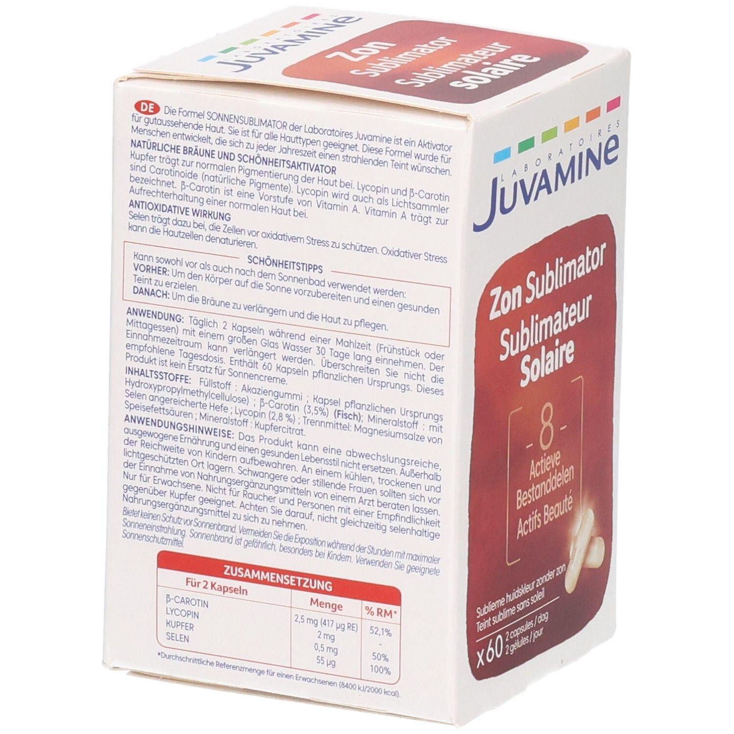 Juvamine Sublimateur Solaire achterkant van de verpakking met ingrediënten en gebruiksaanwijzing.