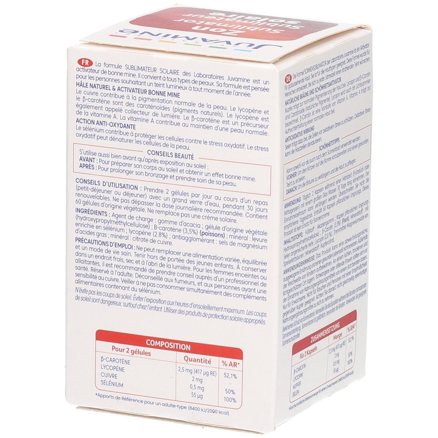 Juvamine Sublimateur Solaire zijaanzicht van de verpakking met gedetailleerde informatie.