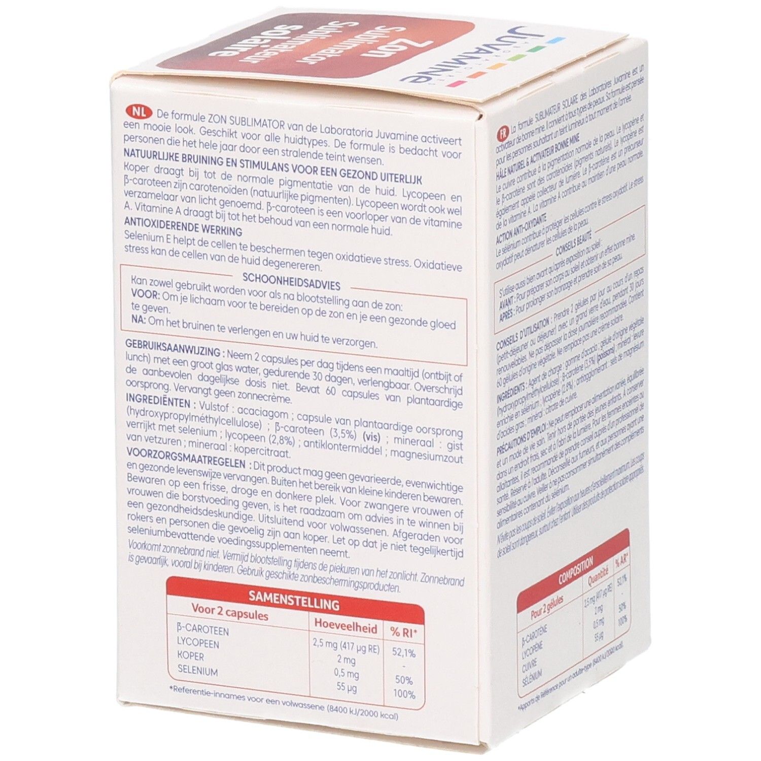 Juvamine Sublimateur Solaire voorkant van de verpakking met productinformatie en capsules.
