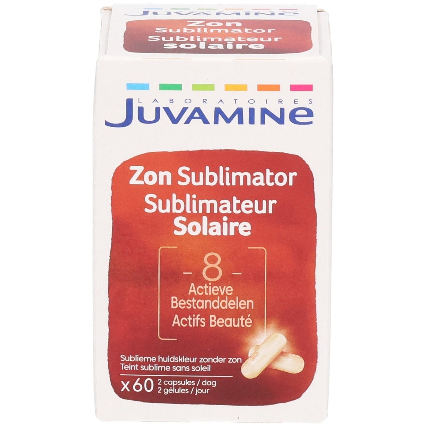 Juvamine Sublimateur Solaire doos met 60 capsules, focus op productnaam en ingrediënten.