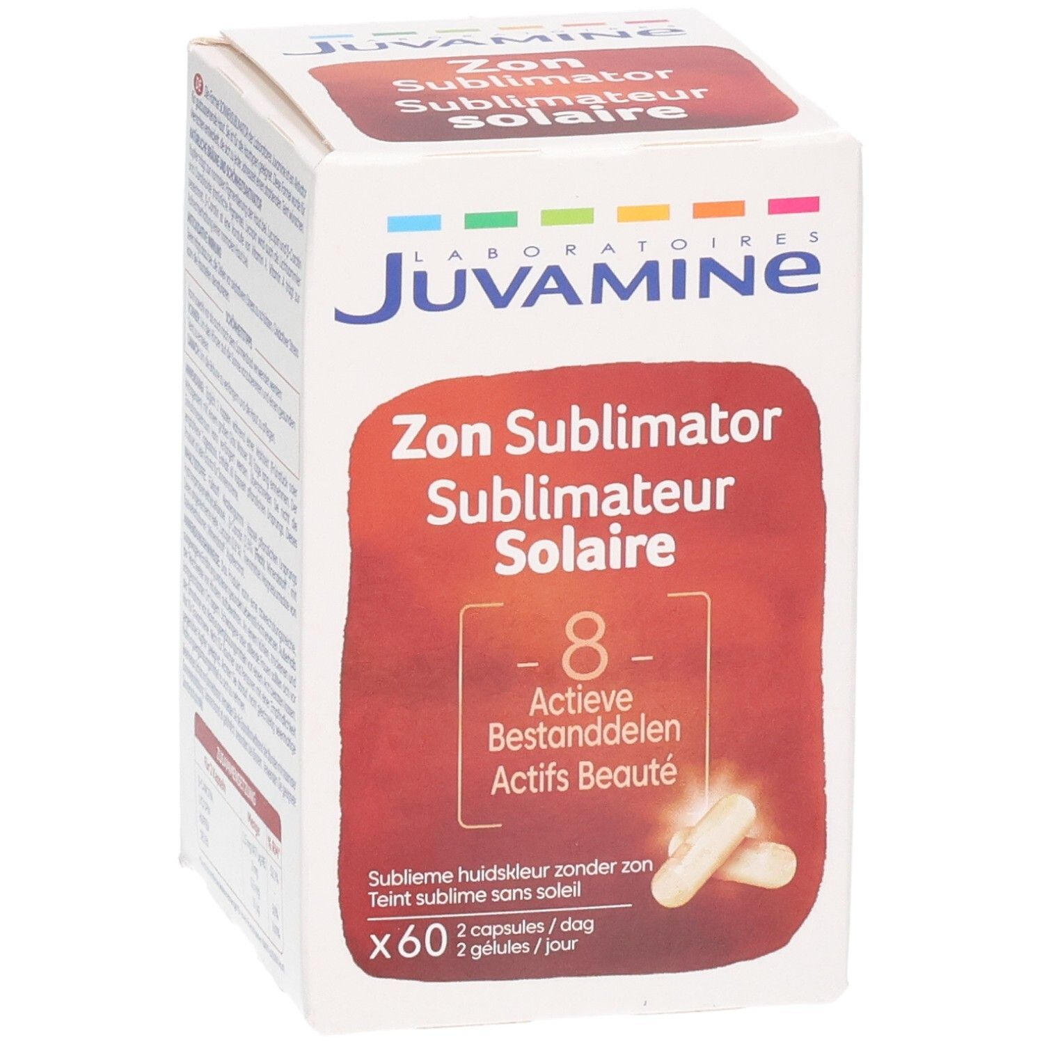 Juvamine Sublimateur Solaire doos met 60 capsules, close-up.