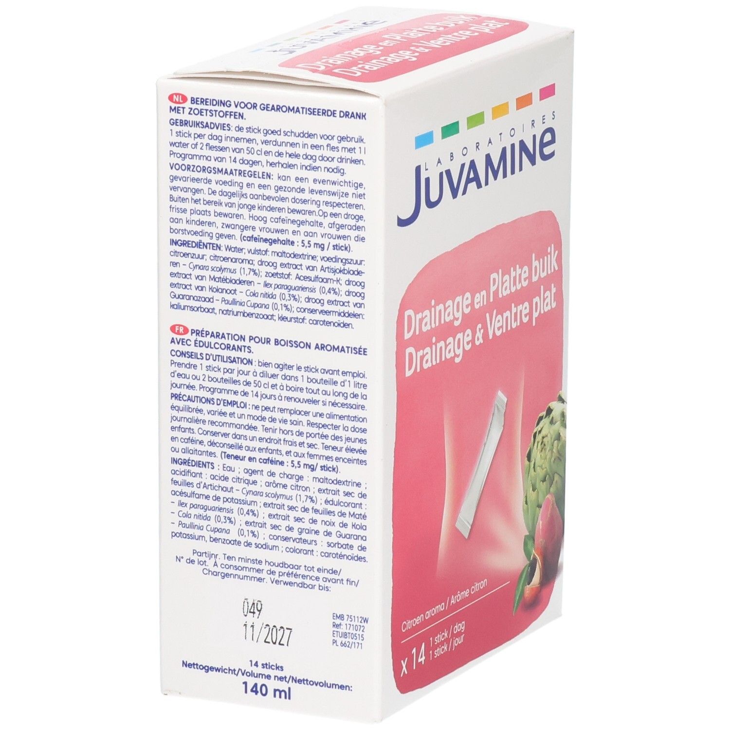 Juvamine Drainage & Ventre Plat doos achterkant met gebruiksaanwijzing en ingrediënten.