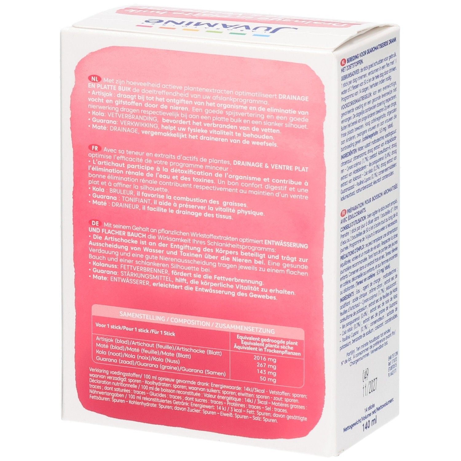 Juvamine Drainage & Ventre Plat doos zijkant met gedetailleerde informatie en ingrediënten.
