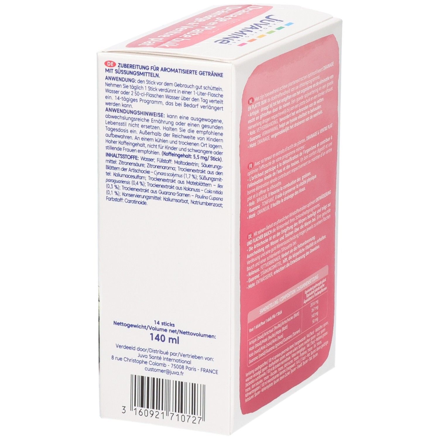 Juvamine Drainage & Ventre Plat doos zijkant met gebruiksaanwijzing en ingrediënten.