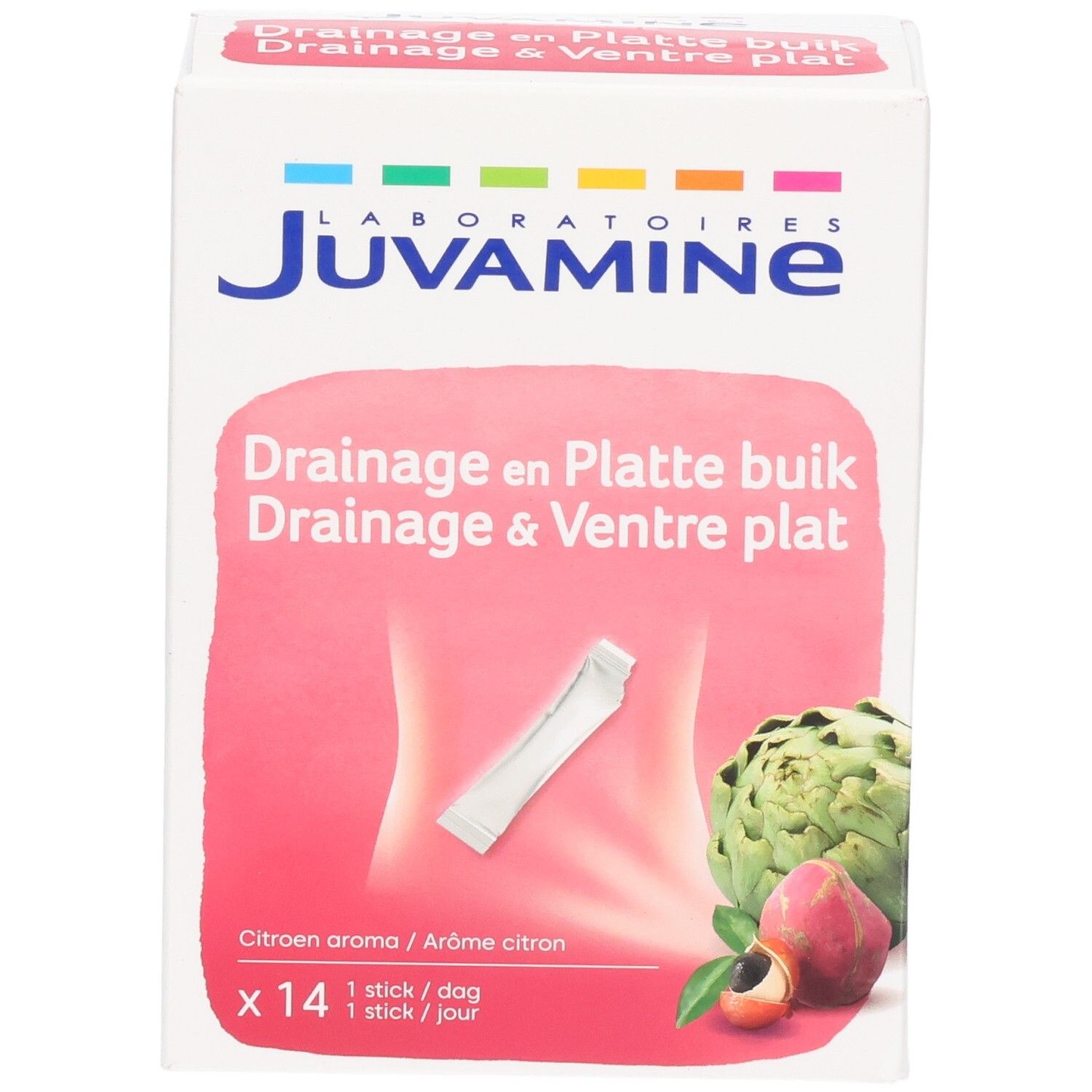 Juvamine Drainage & Ventre Plat doos met 14 sticks, citroenaroma, vooraanzicht.