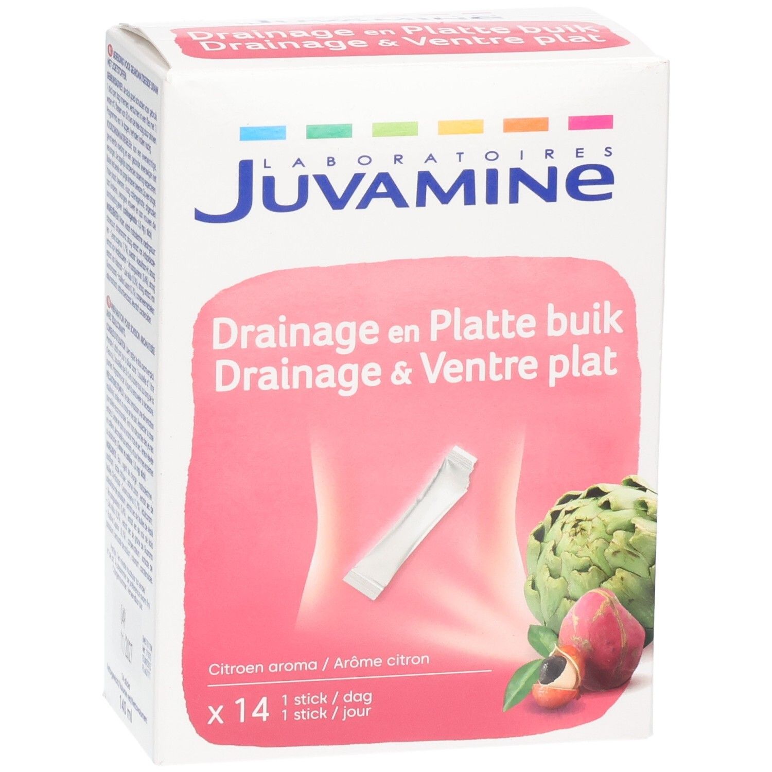 Juvamine Drainage & Ventre Plat doos met 14 sticks, citroenaroma, vooraanzicht.
