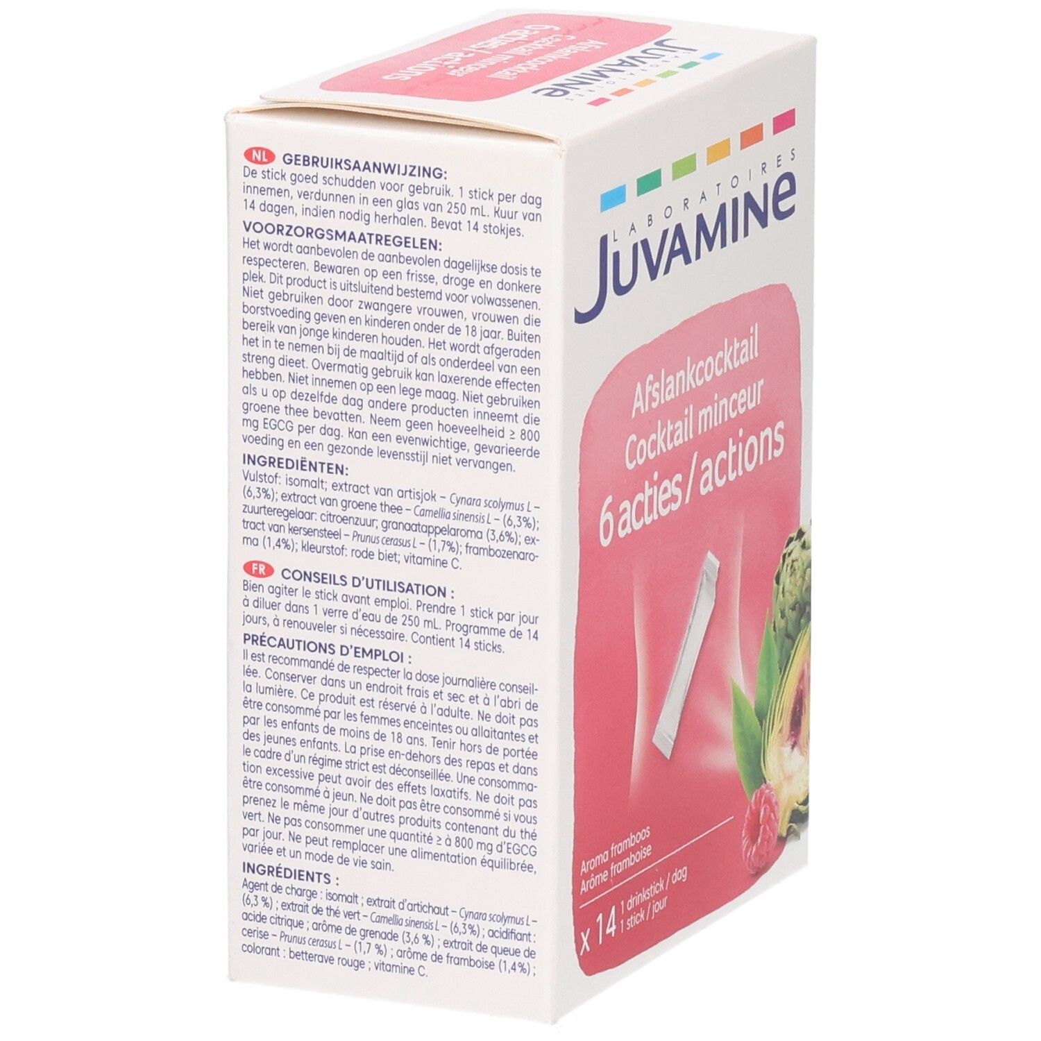 Emballage Juvamine Cocktail Minceur, verso avec instructions et ingrédients.