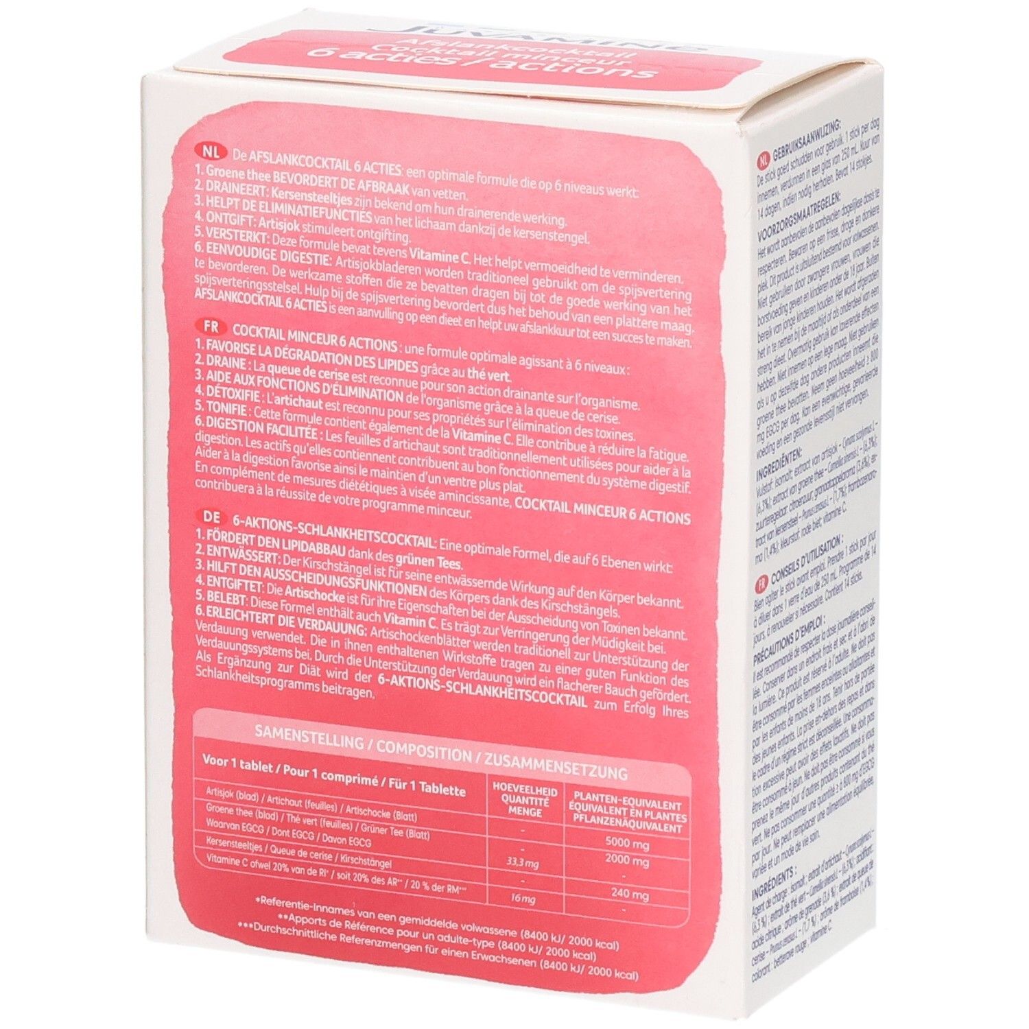 Emballage Juvamine Cocktail Minceur, vue latérale avec composition et fonctions.