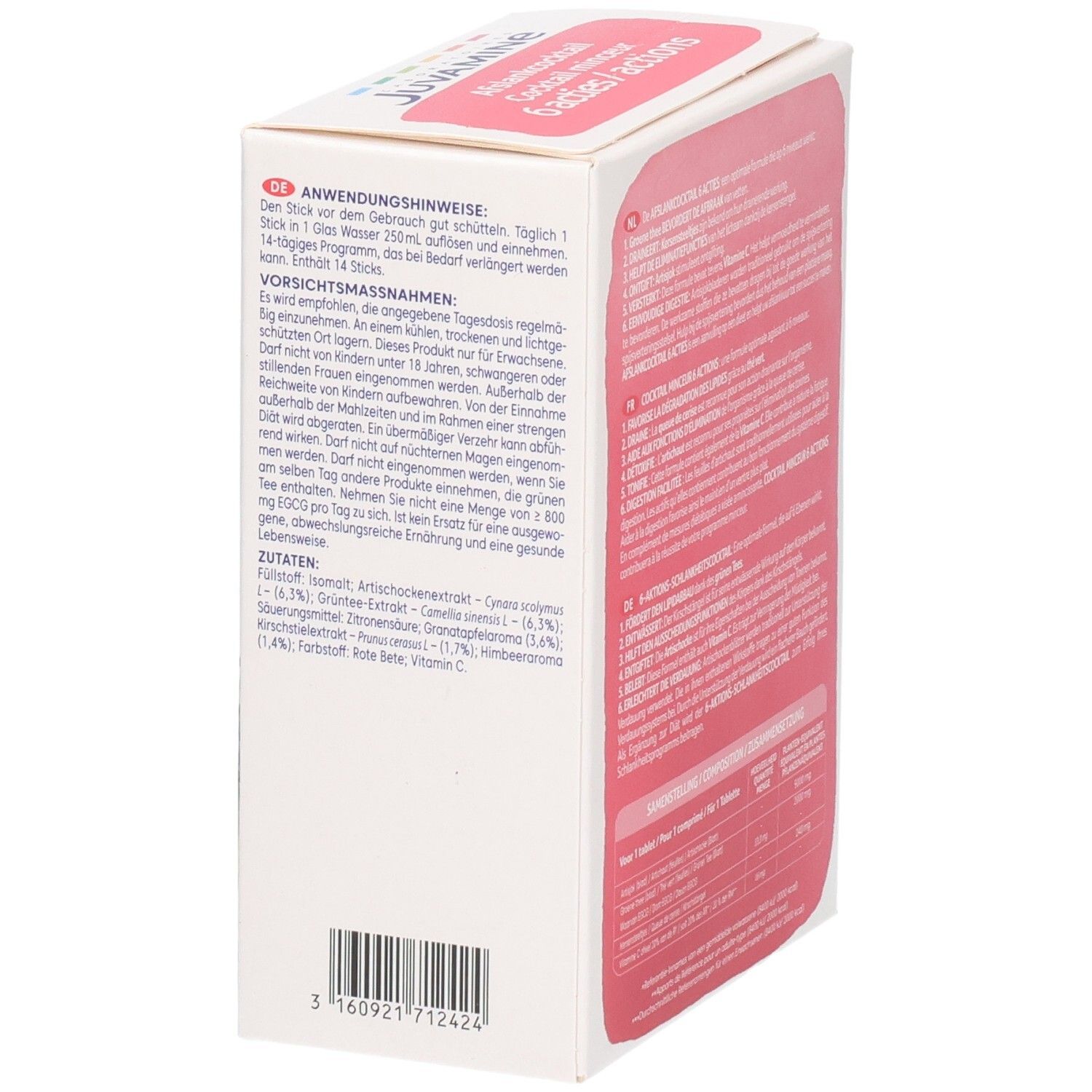 Emballage Juvamine Cocktail Minceur, côté avec instructions et ingrédients.