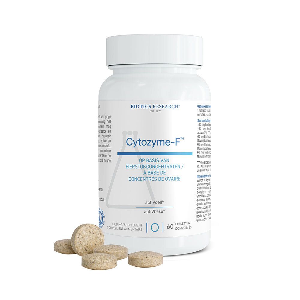 Witte fles met Cytozyme-F etiket en 60 tabletten.