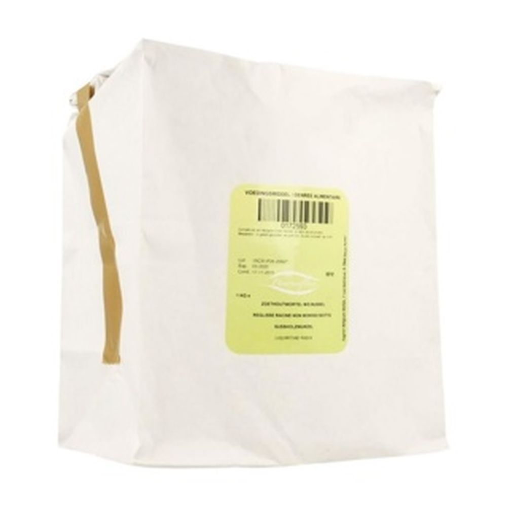 Un sac en papier blanc avec une étiquette indiquant de la racine de réglisse.